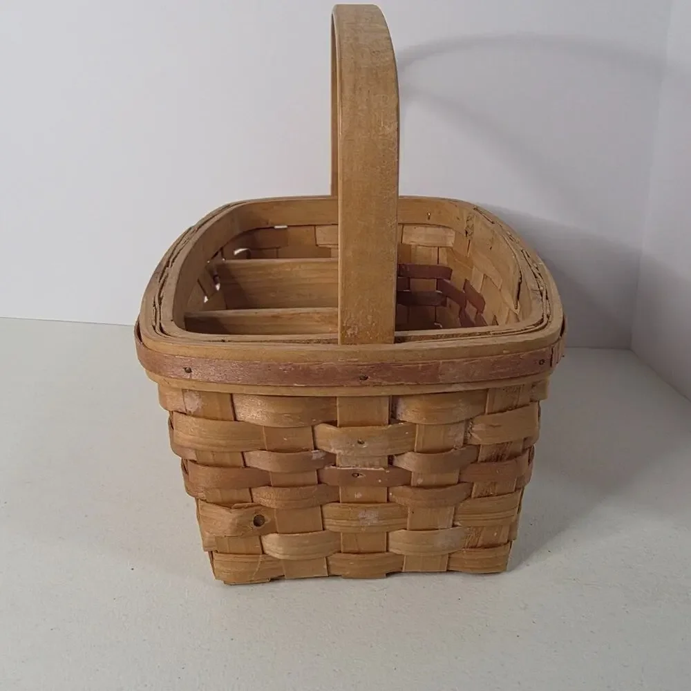 Vintage Wooden Condiment Caddy Basket Divided Sections Wide Handle